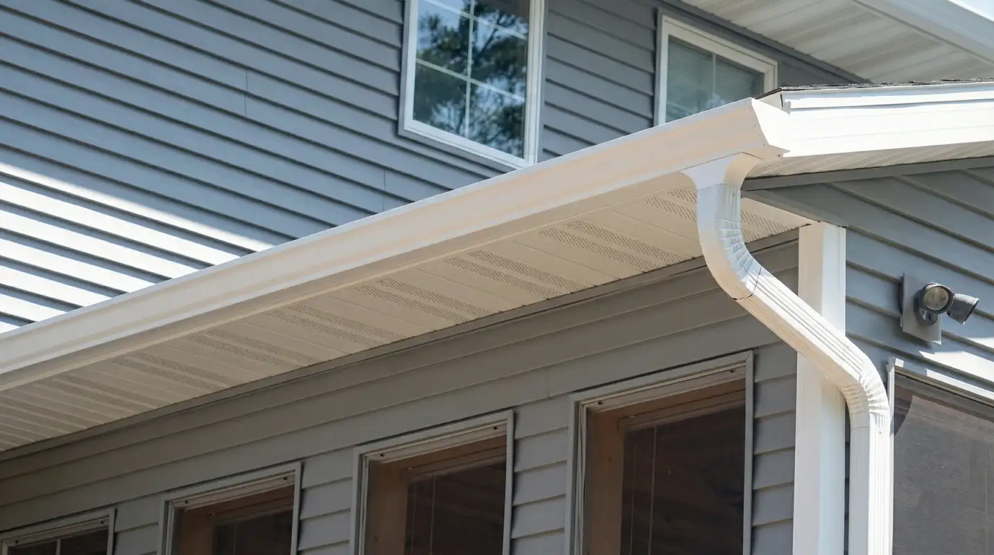 Professional home remodeling project showing newly installed white seamless gutters and downspouts on a house with gray siding in Cedar Rapids, IA