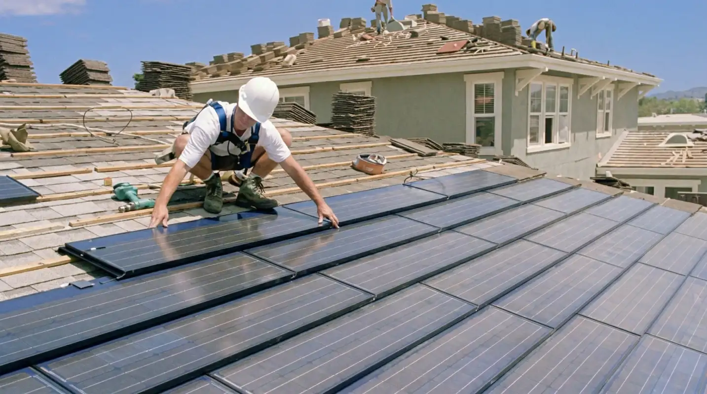 Roof replacement expert installing modern solar shingles on a residential home in Cedar Rapids, IA