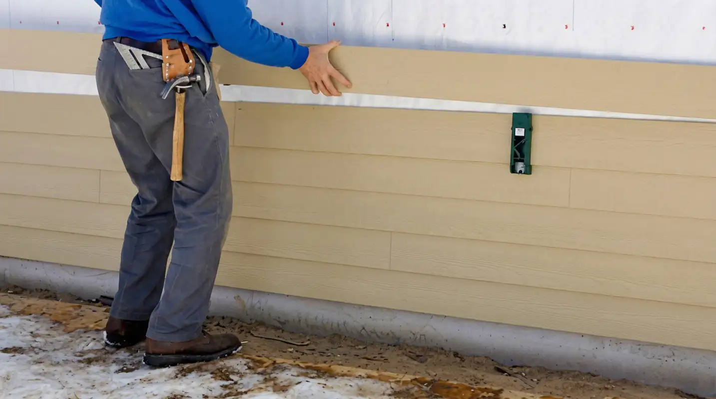 Siding replacement expert carefully aligning a new tan siding panel onto a residential exterior wall in Cedar Rapids, IA
