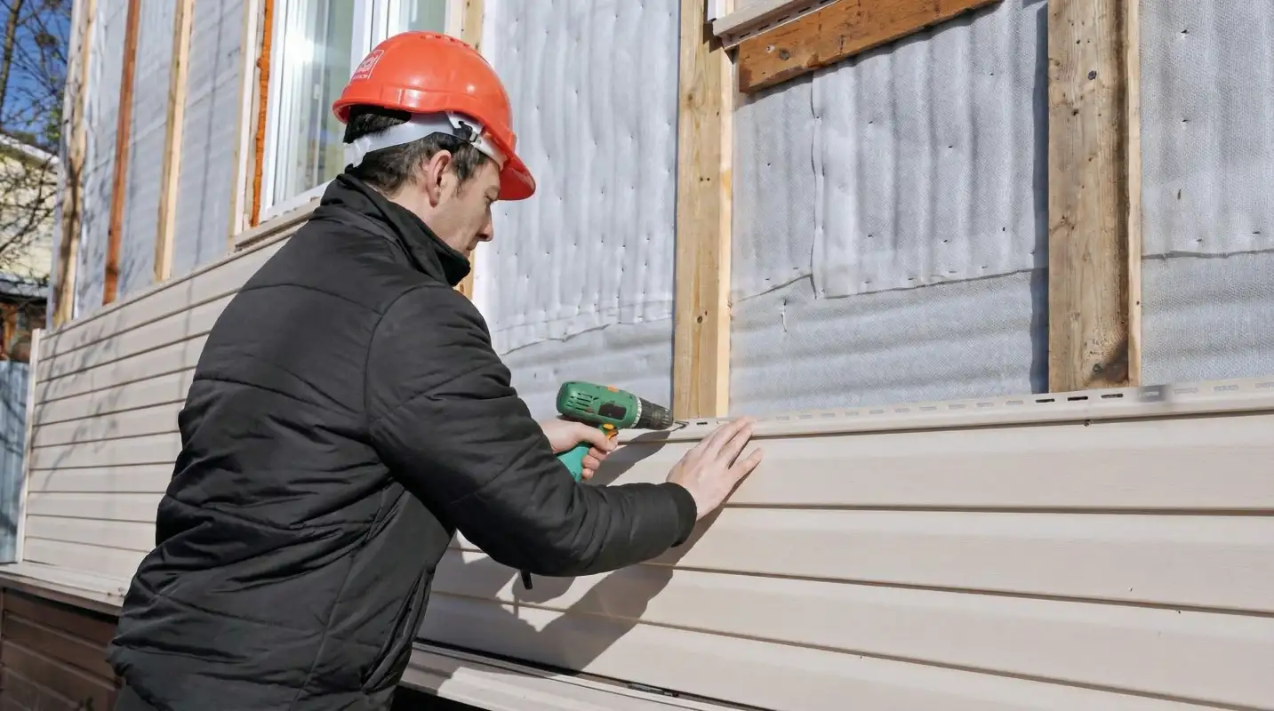 Siding replacement professional using a power drill to install new tan vinyl siding on a home exterior in Cedar Rapids, IA