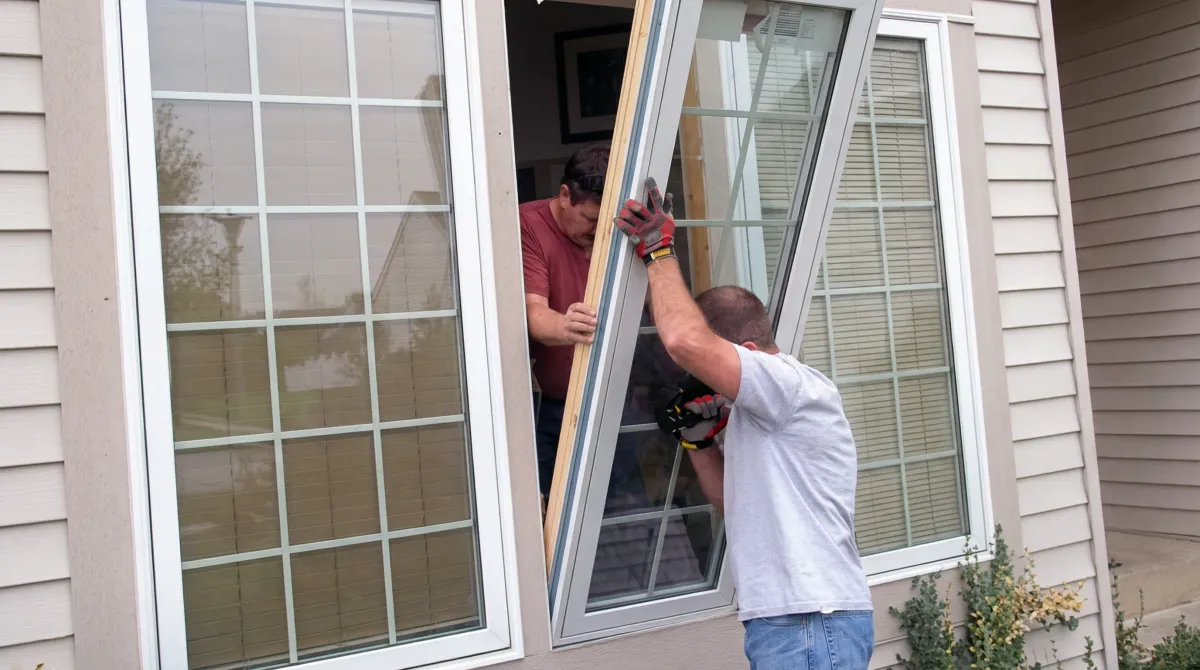 Professional home remodeling team installing a large replacement window on a house with tan siding in Cedar Rapids, IA
