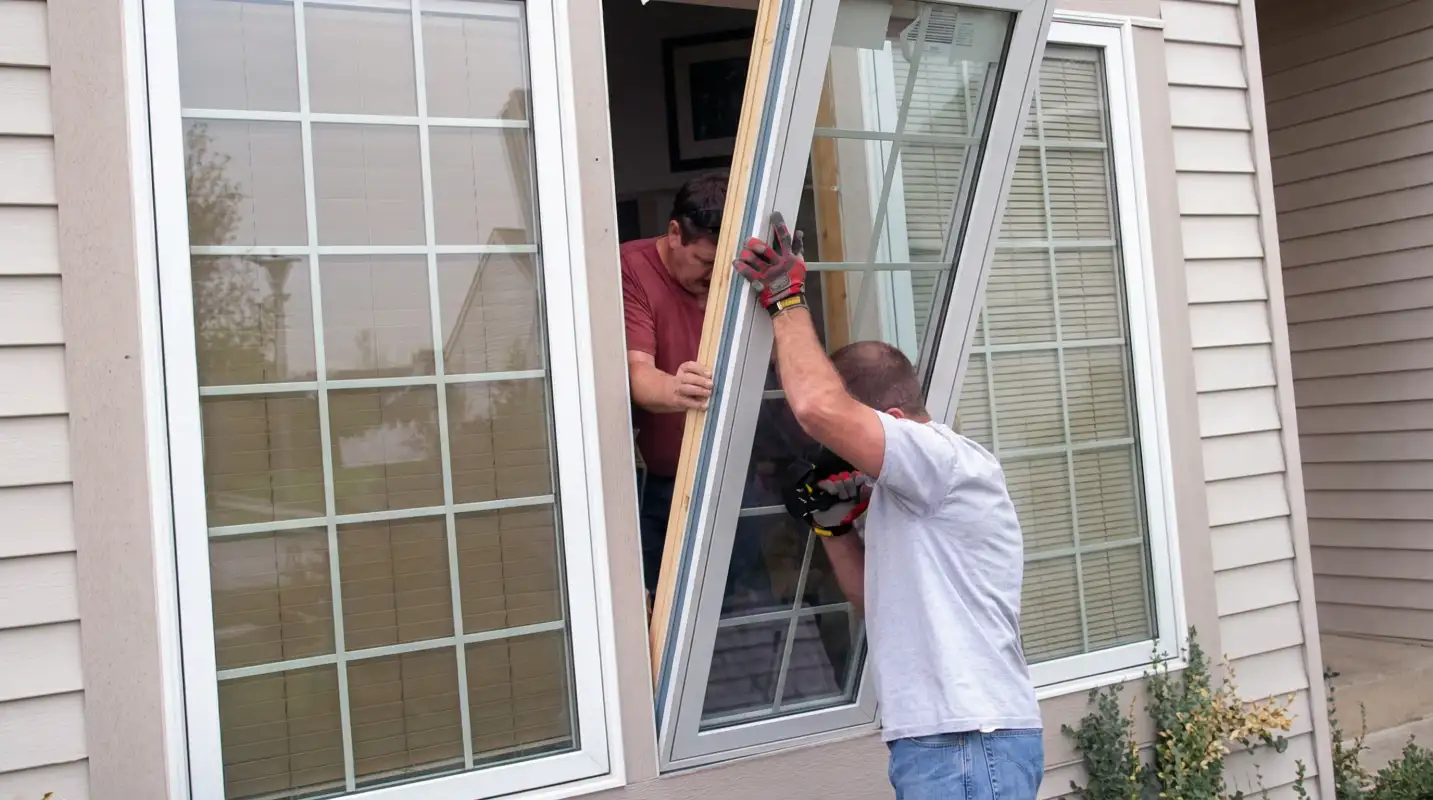Professional home remodeling team installing a large replacement window on a house with tan siding in Cedar Rapids, IA